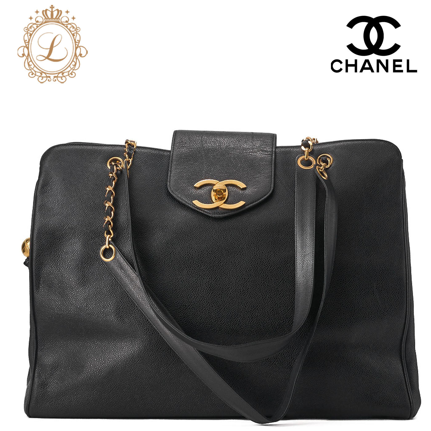 CHANEL Shoulder Bag Supermodel Coco Mark Deca Coco Double Chain Shoulder Caviar Skin Black Gold-Tone Hardware, Pre-Owned