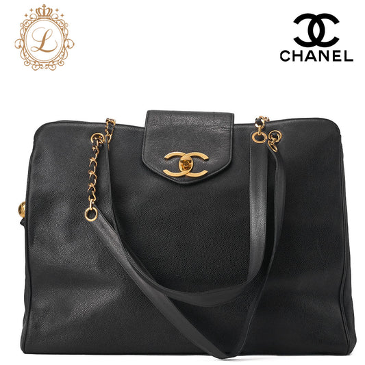 CHANEL  Shoulder Bag Supermodel Coco Mark Deca Coco Double Chain Shoulder Caviar Skin Black Gold-Tone Hardware, Pre-Owned