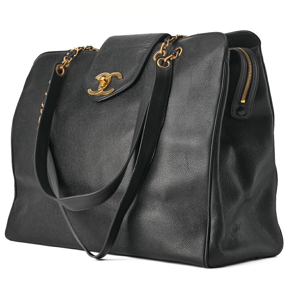 CHANEL Shoulder Bag Supermodel Coco Mark Deca Coco Double Chain Shoulder Caviar Skin Black Gold-Tone Hardware, Pre-Owned