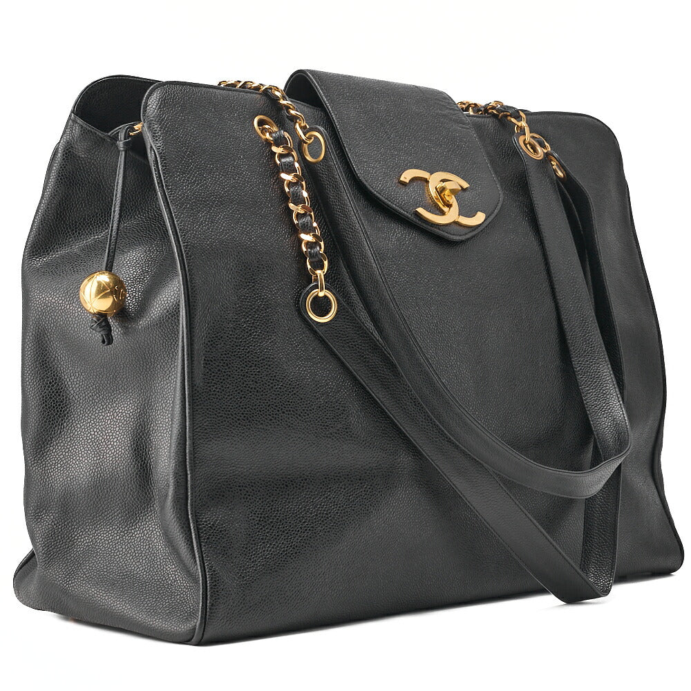 CHANEL Shoulder Bag Supermodel Coco Mark Deca Coco Double Chain Shoulder Caviar Skin Black Gold-Tone Hardware, Pre-Owned