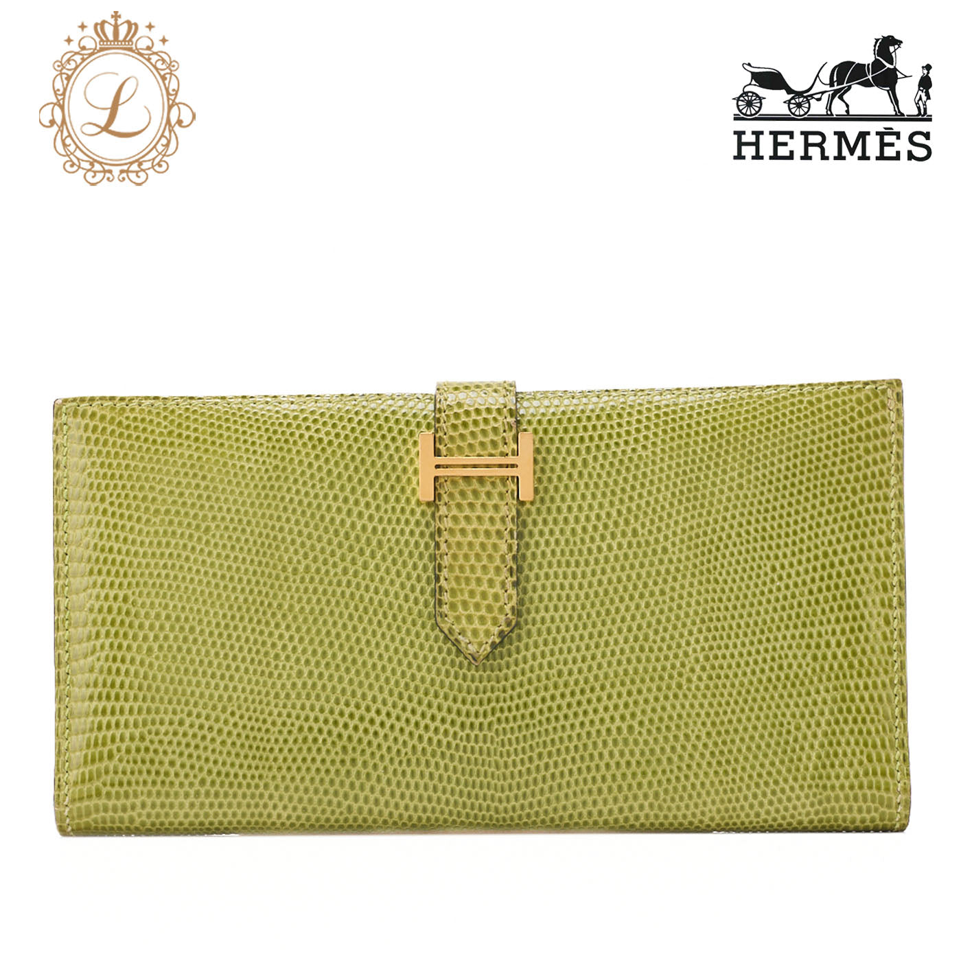 HERMES Béance Souffle 2 Fold Long Wallet Lizard Anisegrin Anis green Gold-Tone Hardware, Pre-Owned