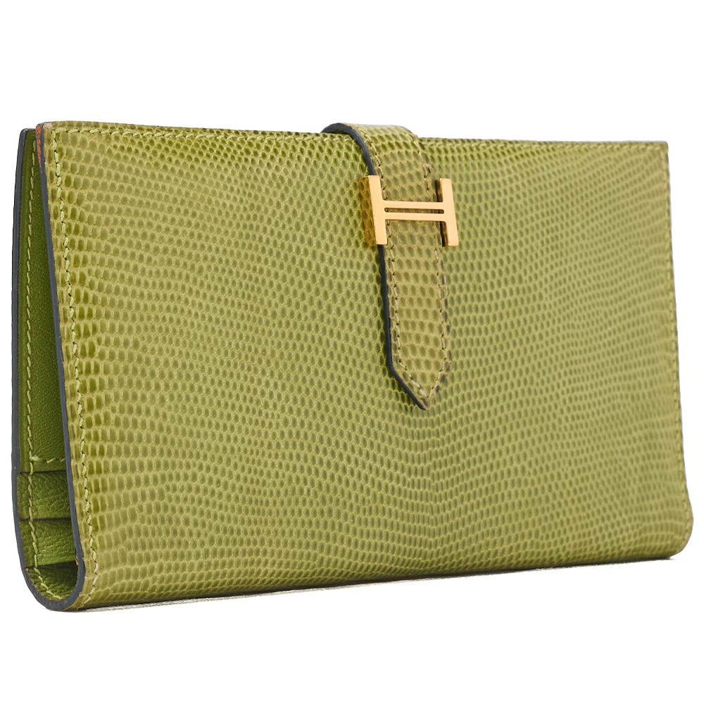 HERMES Béance Souffle 2 Fold Long Wallet Lizard Anisegrin Anis green Gold-Tone Hardware, Pre-Owned