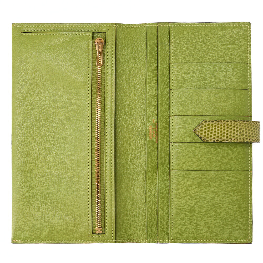 HERMES Béance Souffle 2 Fold Long Wallet Lizard Anisegrin Anis green Gold-Tone Hardware, Pre-Owned