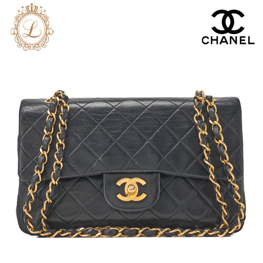 CHANEL Chain Shoulder Bag Matlasse Double Flap 23cm Lambskin Black Gold-Tone Hardware, Pre-Owned