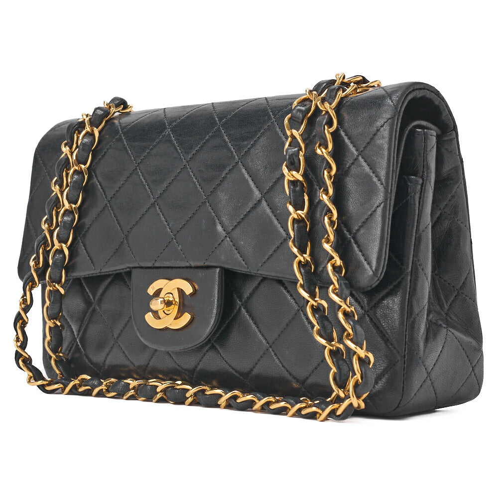 CHANEL Chain Shoulder Bag Matlasse Double Flap 23cm Lambskin Black Gold-Tone Hardware, Pre-Owned