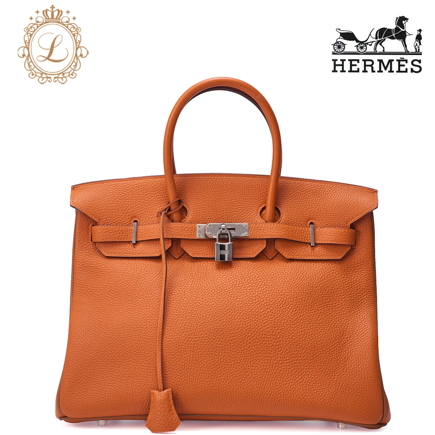 HERMES Birkin 35 Handbag Togo Orange Silver-Tone Hardware, Pre-Owned