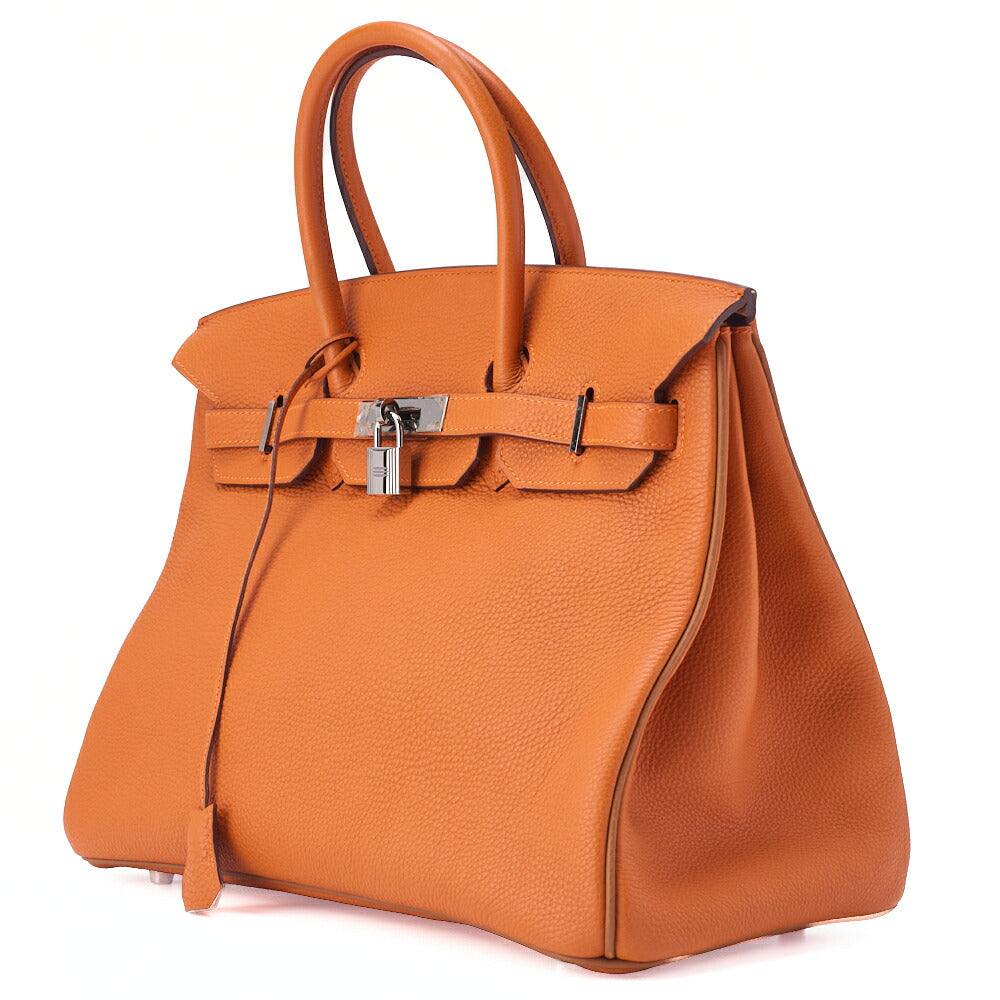 HERMES Birkin 35 Handbag Togo Orange Silver-Tone Hardware, Pre-Owned