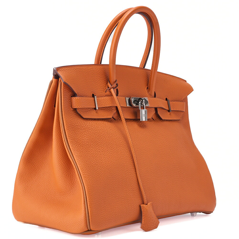 HERMES Birkin 35 Handbag Togo Orange Silver-Tone Hardware, Pre-Owned
