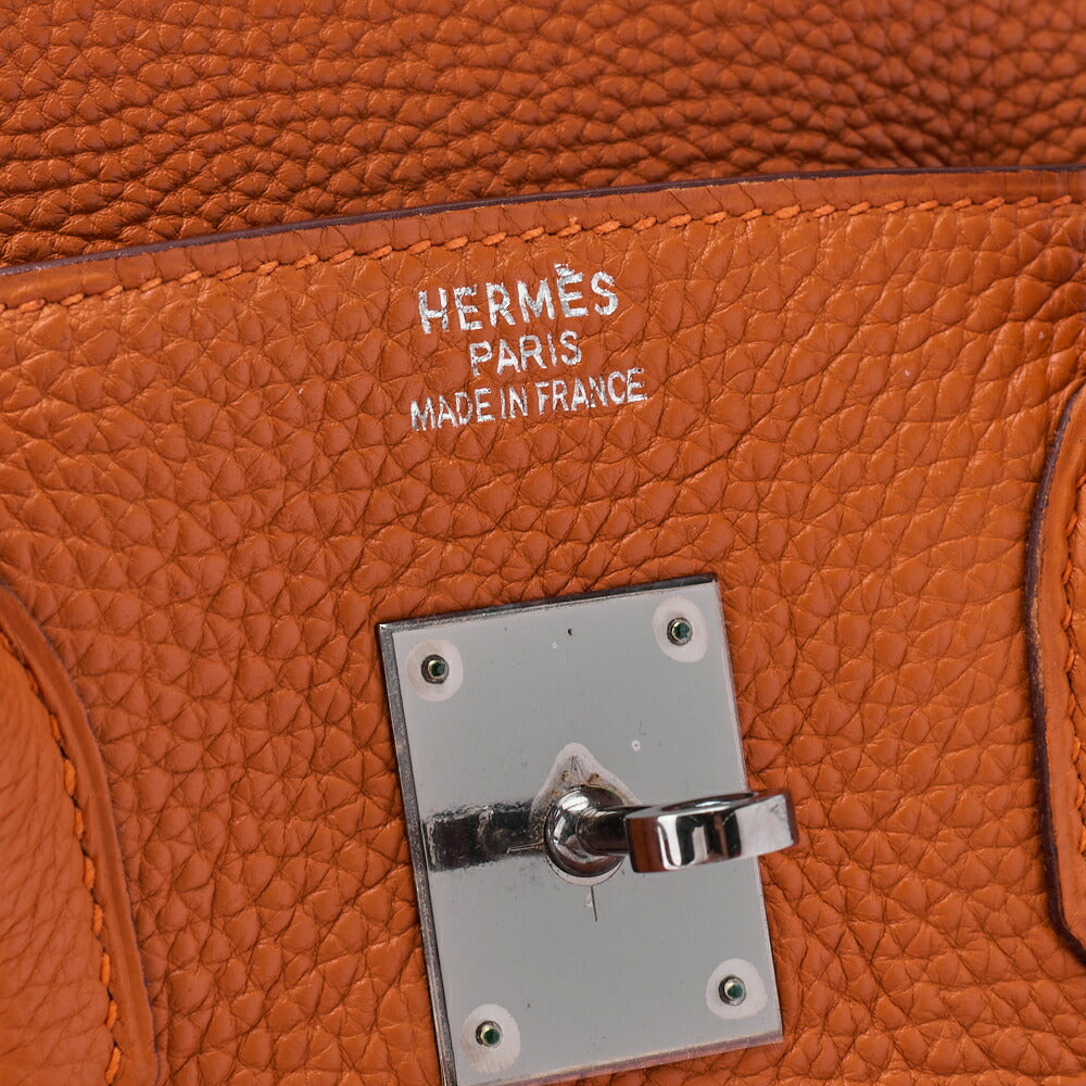 HERMES Birkin 35 Handbag Togo Orange Silver-Tone Hardware, Pre-Owned