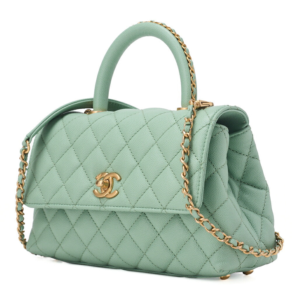 CHANEL Shoulder Bag Handbag Matlasse Coco Handle 2WAY Caviar Skin Green Gold-Tone Hardware, Pre-Owned