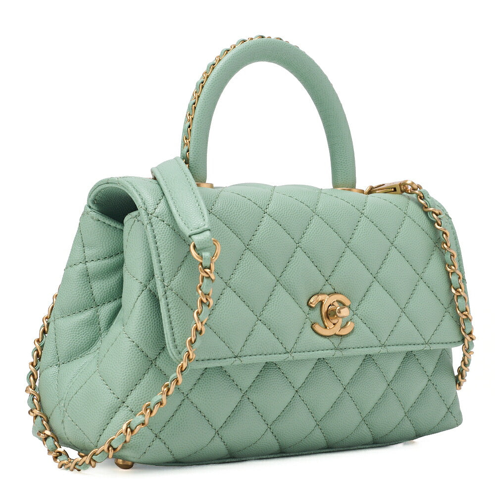 CHANEL Shoulder Bag Handbag Matlasse Coco Handle 2WAY Caviar Skin Green Gold-Tone Hardware, Pre-Owned