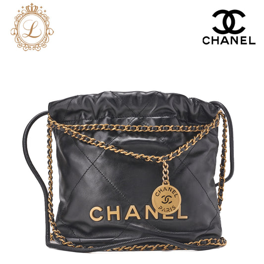 CHANEL   22 Mini Calfskin Black Drawstring Chain Shoulder Bag (Gold-Tone Hardware, Pre-Owned