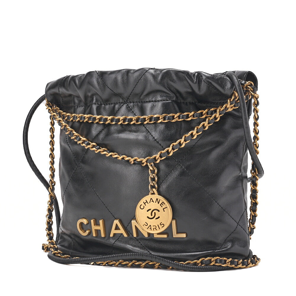 CHANEL 22 Mini Calfskin Black Drawstring Chain Shoulder Bag (Gold-Tone Hardware, Pre-Owned