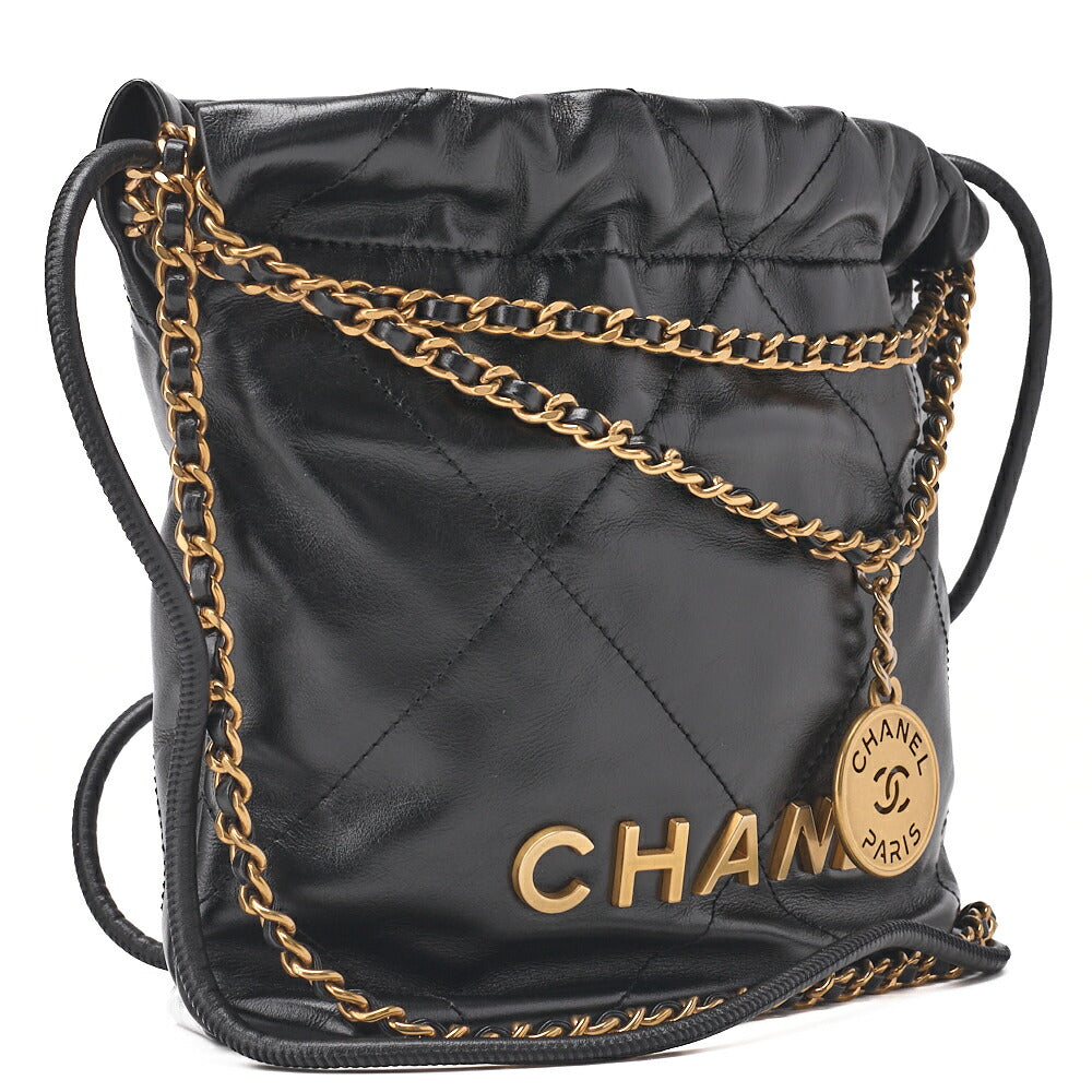 CHANEL 22 Mini Calfskin Black Drawstring Chain Shoulder Bag (Gold-Tone Hardware, Pre-Owned