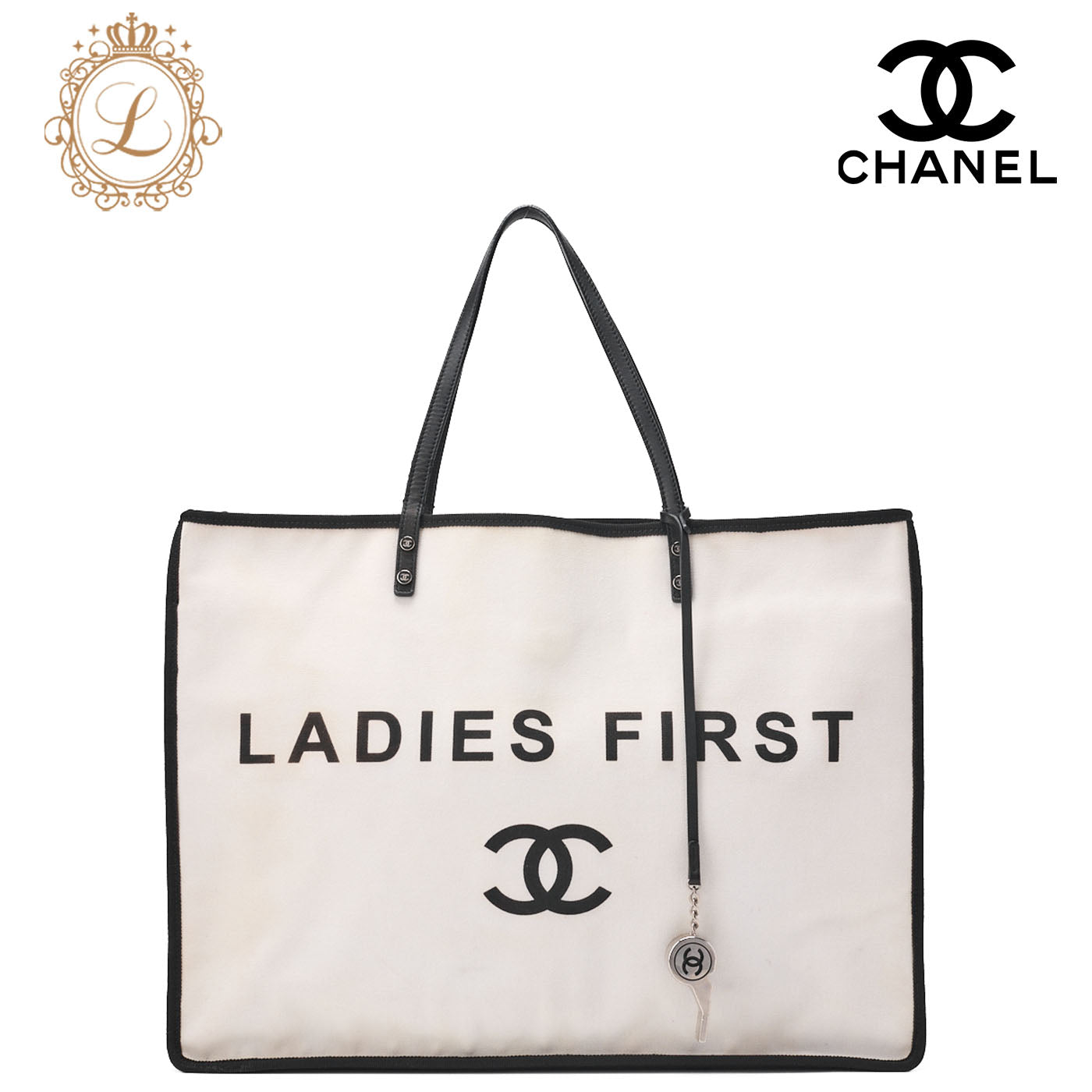 CHANEL Tote Bag Coco Mark Canvas with Whistle Charm White × Black Silver-Tone Hardware, Pre-Owned