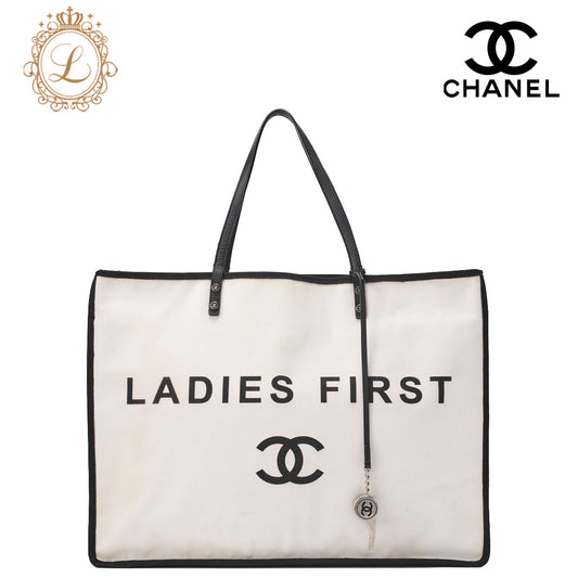 CHANEL  Tote Bag Coco Mark Canvas with Whistle Charm White × Black Silver-Tone Hardware, Pre-Owned
