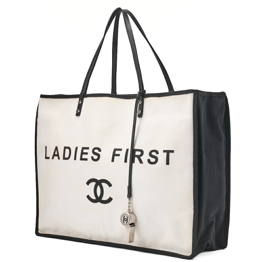 CHANEL Tote Bag Coco Mark Canvas with Whistle Charm White × Black Silver-Tone Hardware, Pre-Owned