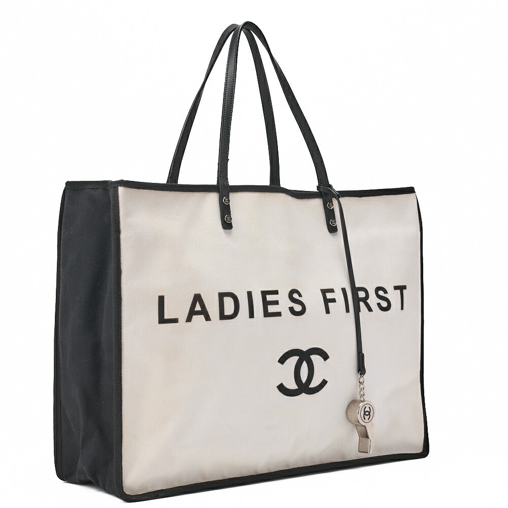 CHANEL Tote Bag Coco Mark Canvas with Whistle Charm White × Black Silver-Tone Hardware, Pre-Owned