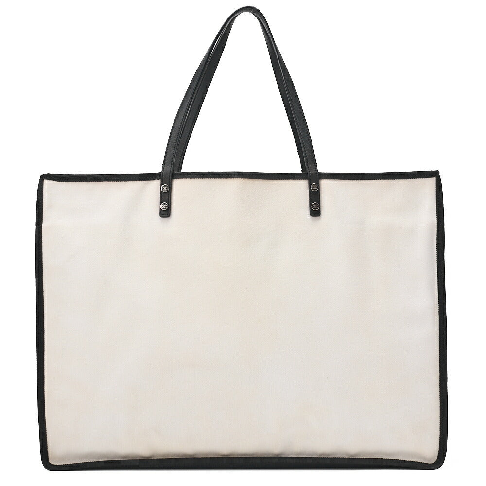 CHANEL Tote Bag Coco Mark Canvas with Whistle Charm White × Black Silver-Tone Hardware, Pre-Owned