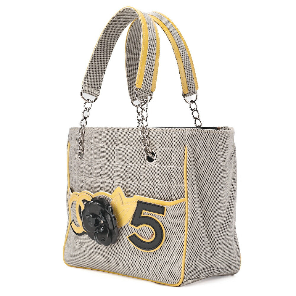 CHANEL Tote Bag Choco Bar Camellia Canvas Gray × Yellow Silver-Tone Hardware, Pre-Owned