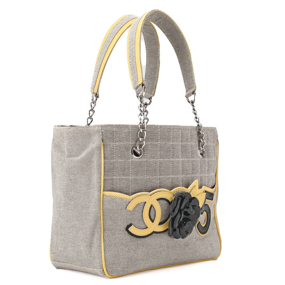 CHANEL Tote Bag Choco Bar Camellia Canvas Gray × Yellow Silver-Tone Hardware, Pre-Owned