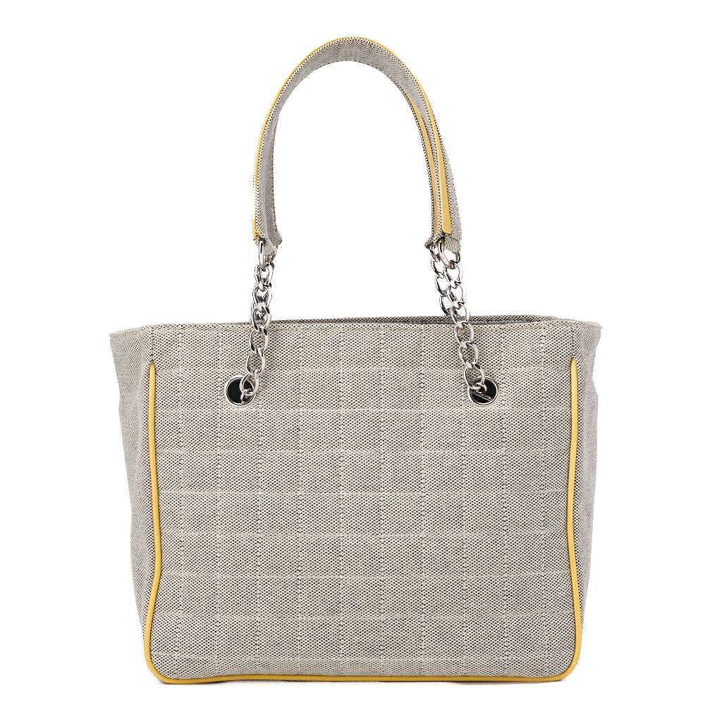 CHANEL Tote Bag Choco Bar Camellia Canvas Gray × Yellow Silver-Tone Hardware, Pre-Owned