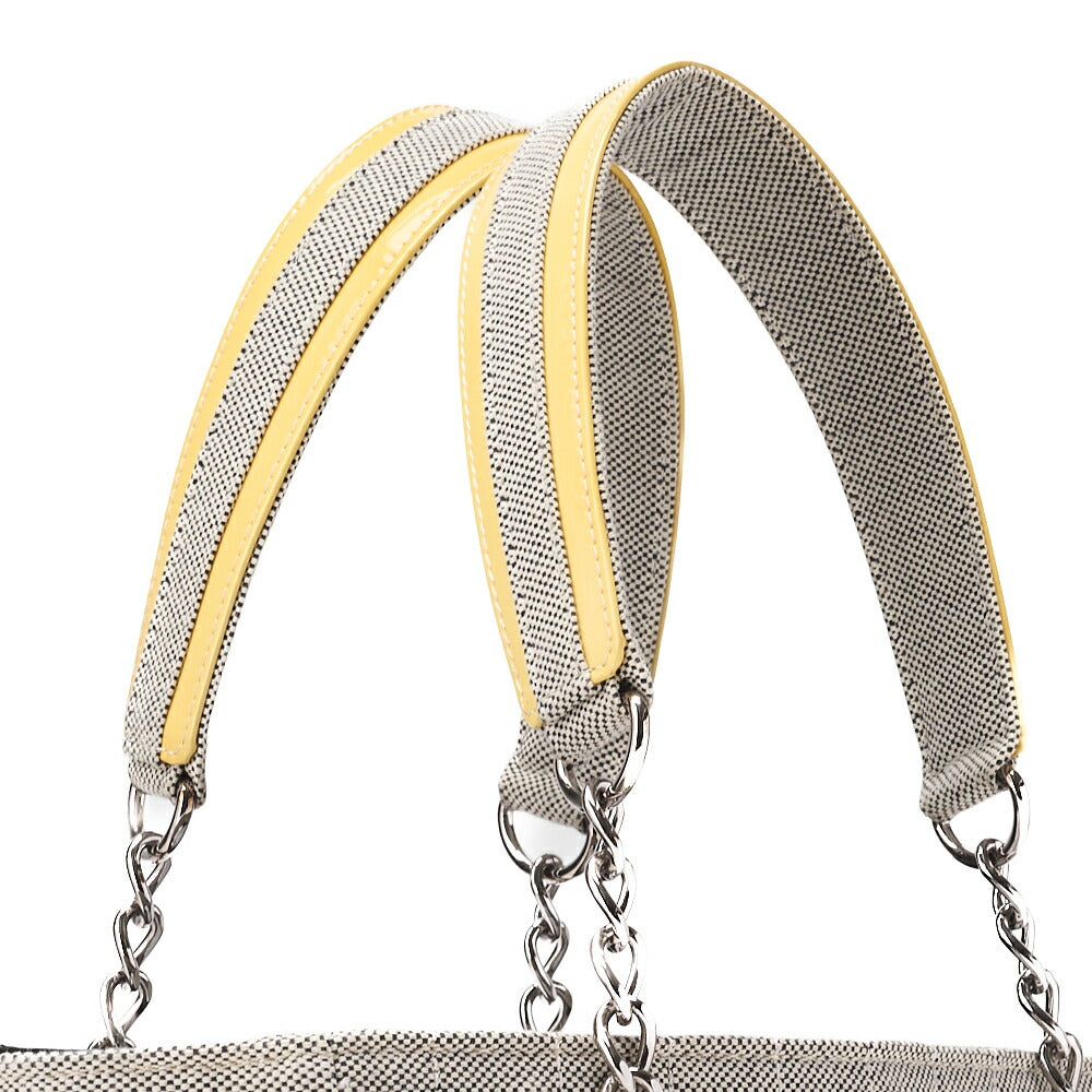 CHANEL Tote Bag Choco Bar Camellia Canvas Gray × Yellow Silver-Tone Hardware, Pre-Owned