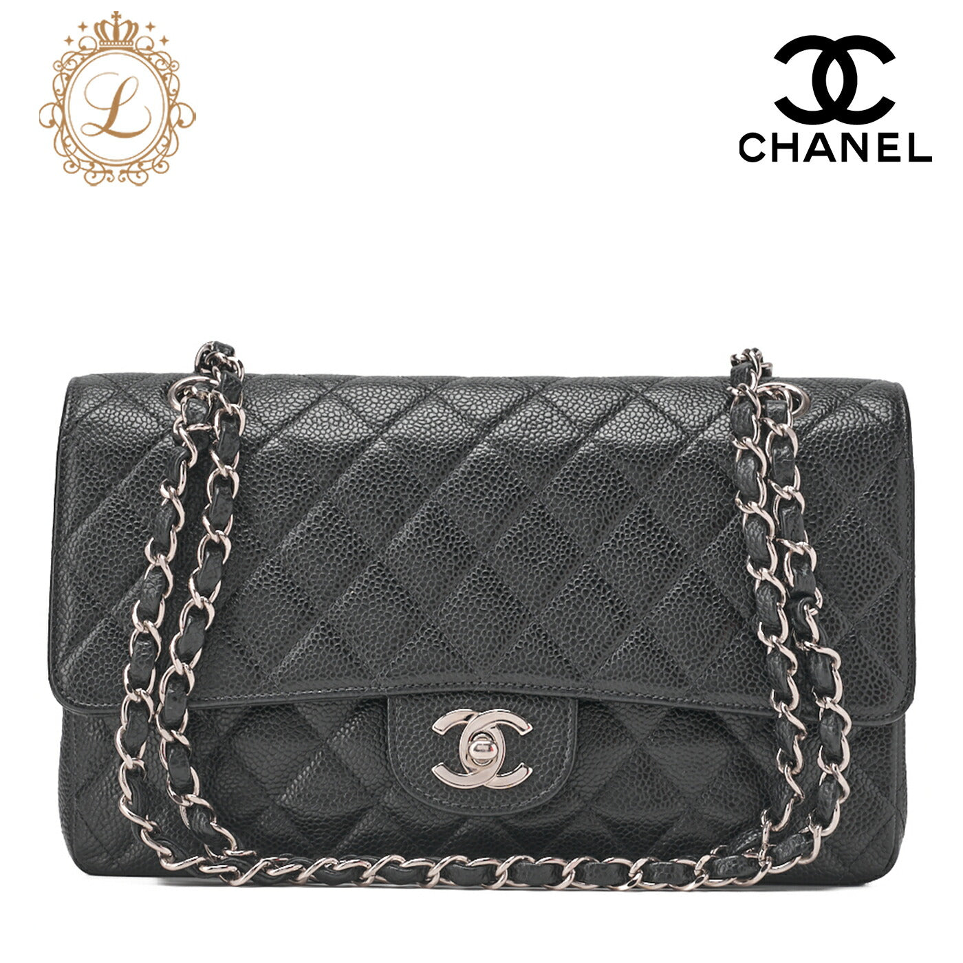 CHANEL Matlasse Double Flap 25cm Chain Shoulder Caviar Skin Black Silver-Tone Hardware, Pre-Owned