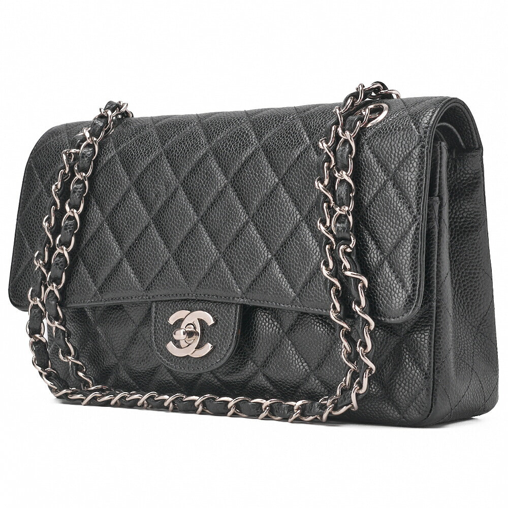CHANEL Matlasse Double Flap 25cm Chain Shoulder Caviar Skin Black Silver-Tone Hardware, Pre-Owned