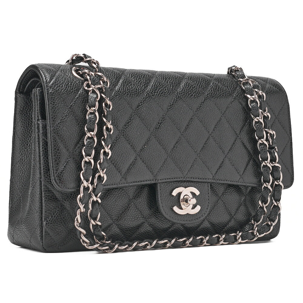 CHANEL Matlasse Double Flap 25cm Chain Shoulder Caviar Skin Black Silver-Tone Hardware, Pre-Owned