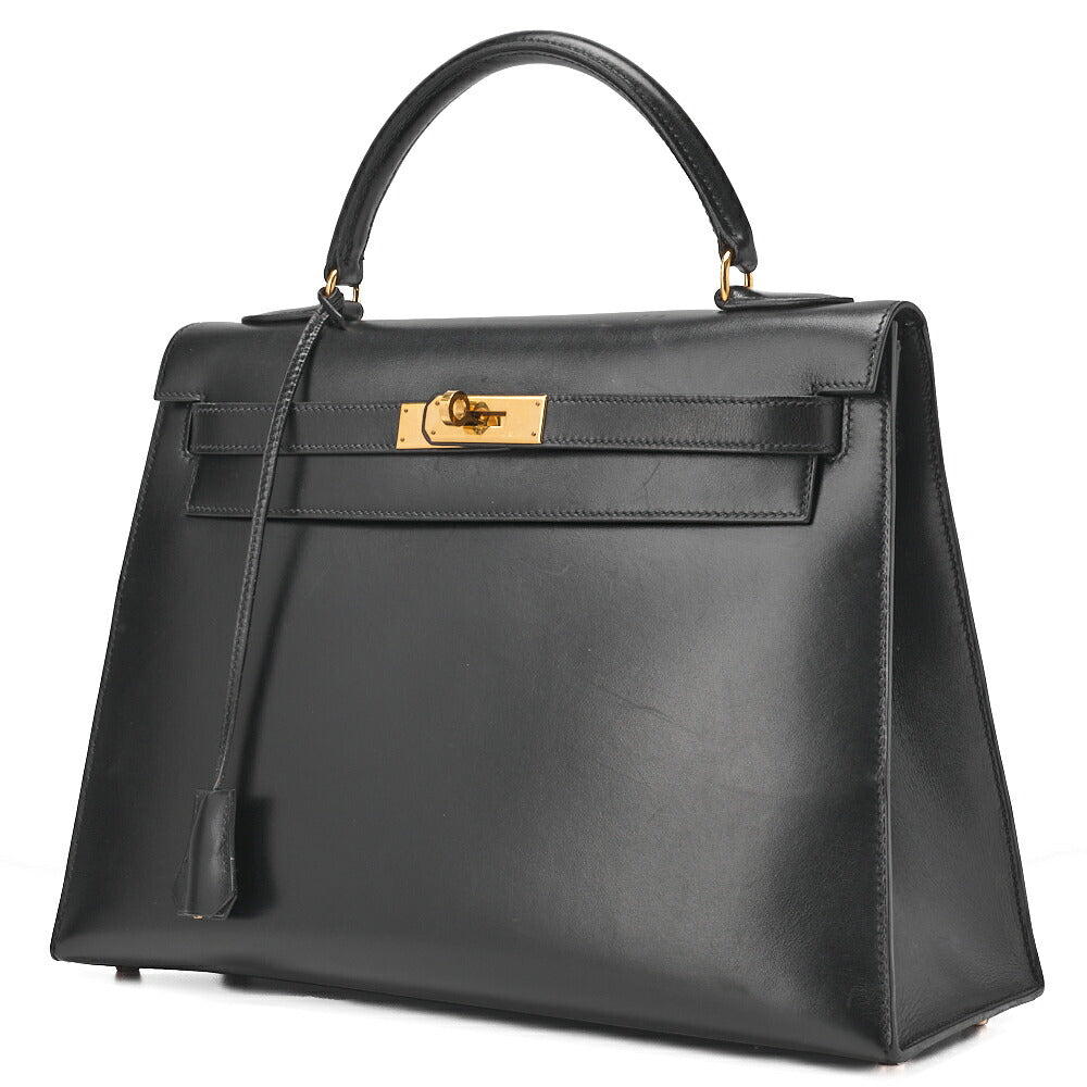 HERMES Kelly 32 Handbag Box Calf Black Black Exterior Stitching Gold-Tone Hardware, Pre-Owned