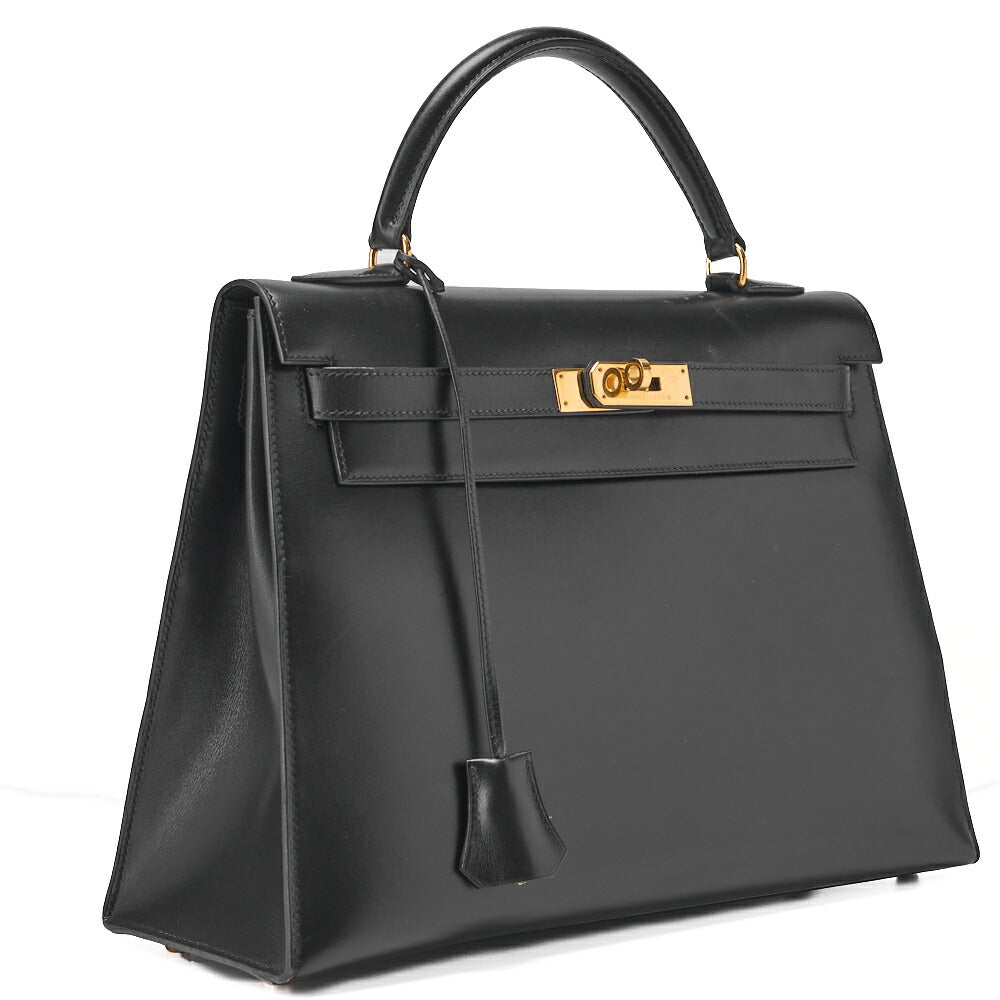 HERMES Kelly 32 Handbag Box Calf Black Black Exterior Stitching Gold-Tone Hardware, Pre-Owned