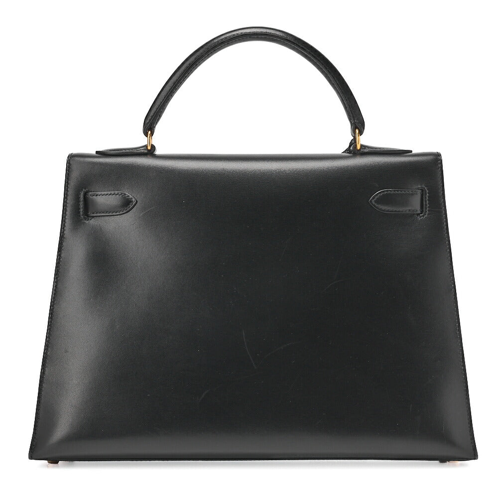 HERMES Kelly 32 Handbag Box Calf Black Black Exterior Stitching Gold-Tone Hardware, Pre-Owned