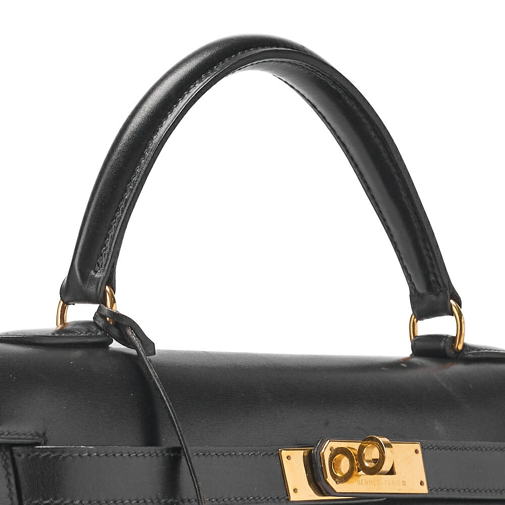 HERMES Kelly 32 Handbag Box Calf Black Black Exterior Stitching Gold-Tone Hardware, Pre-Owned