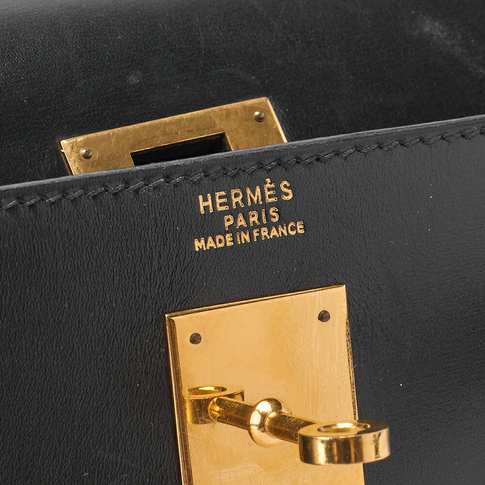 HERMES Kelly 32 Handbag Box Calf Black Black Exterior Stitching Gold-Tone Hardware, Pre-Owned
