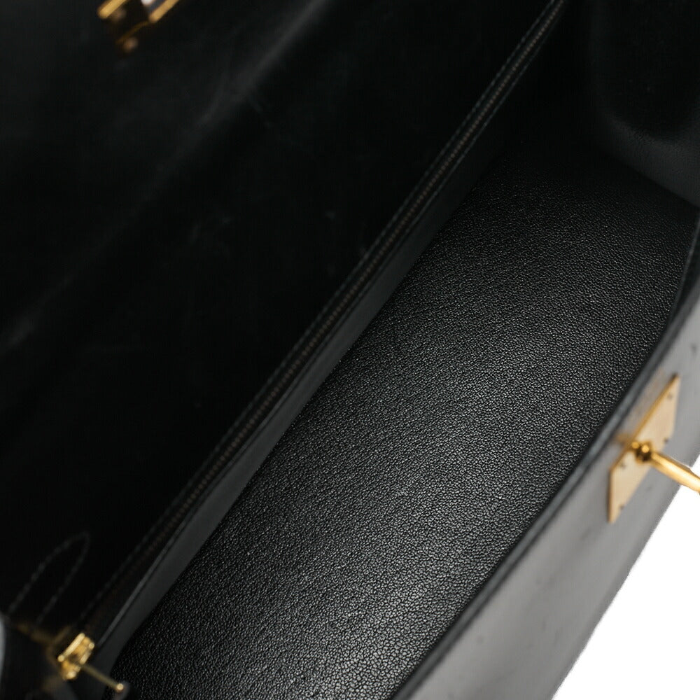 HERMES Kelly 32 Handbag Box Calf Black Black Exterior Stitching Gold-Tone Hardware, Pre-Owned