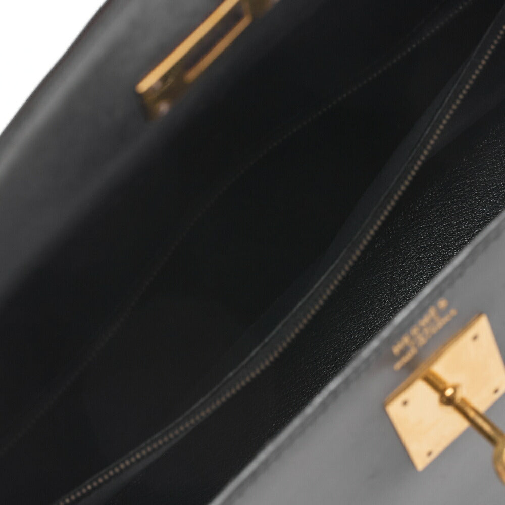 HERMES Kelly 32 Handbag Box Calf Black Black Exterior Stitching Gold-Tone Hardware, Pre-Owned
