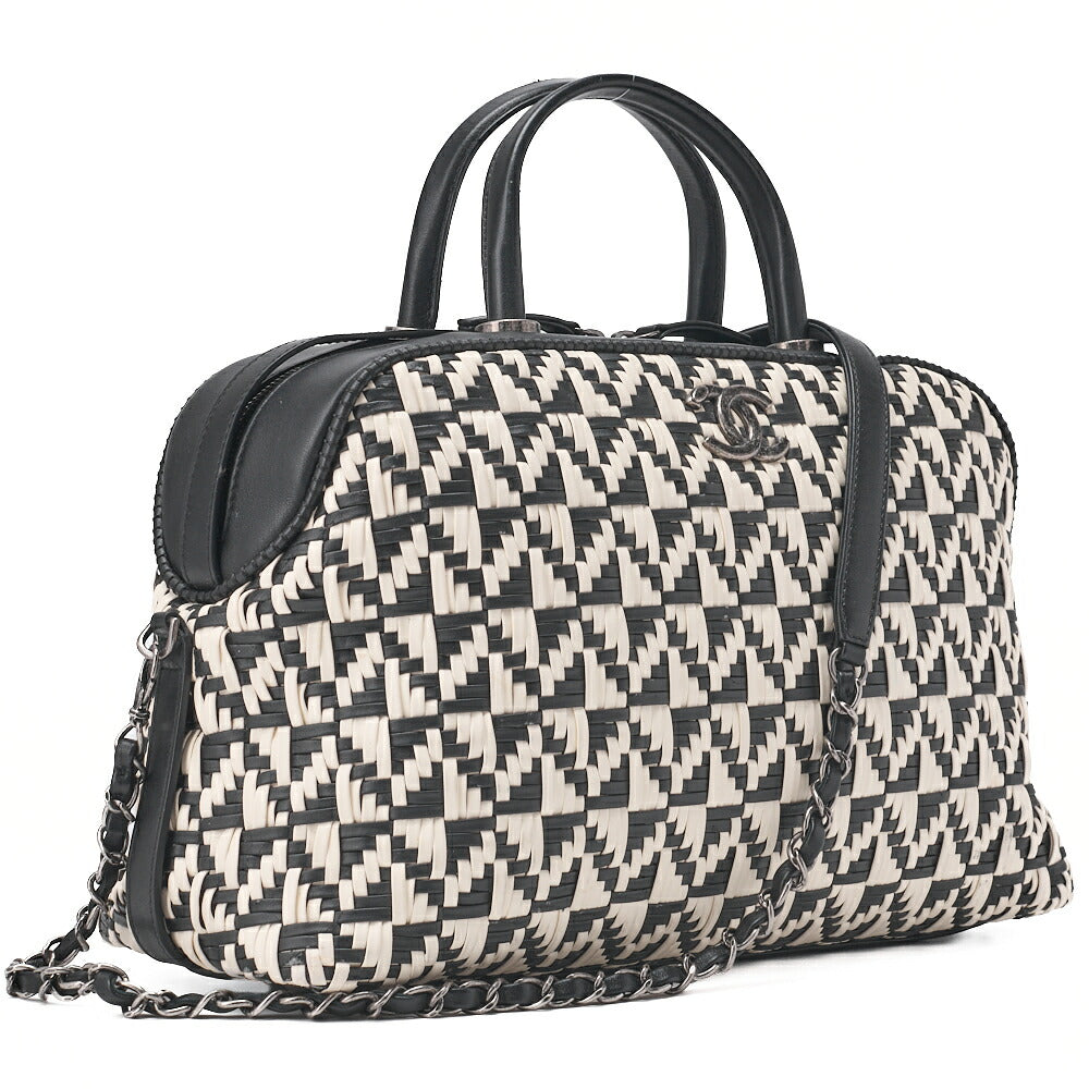 CHANEL Handbag Boston Bag Calfskin Matelasse Braided 2-Way White & Black Silver-Tone Hardware, Pre-Owned