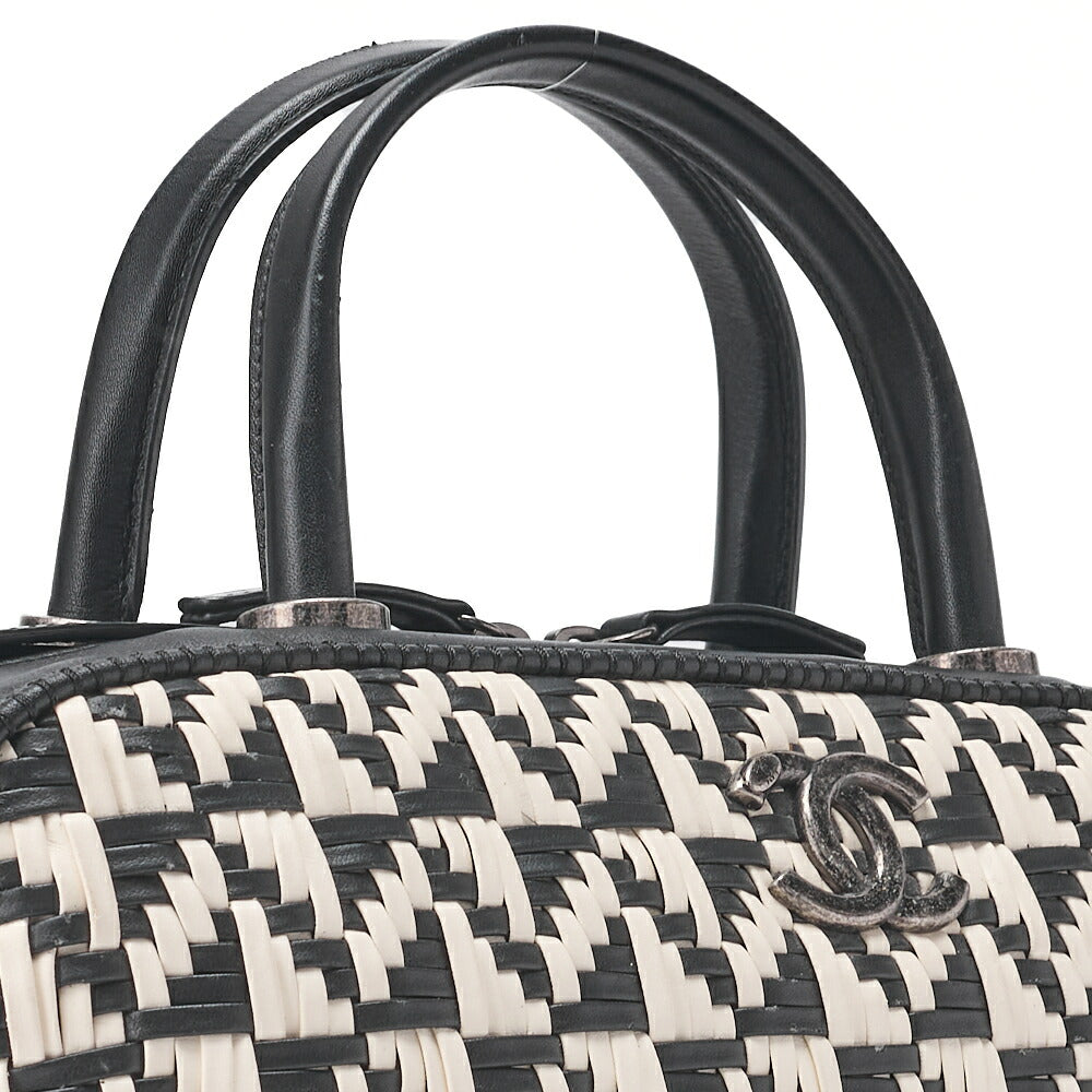 CHANEL Handbag Boston Bag Calfskin Matelasse Braided 2-Way White & Black Silver-Tone Hardware, Pre-Owned