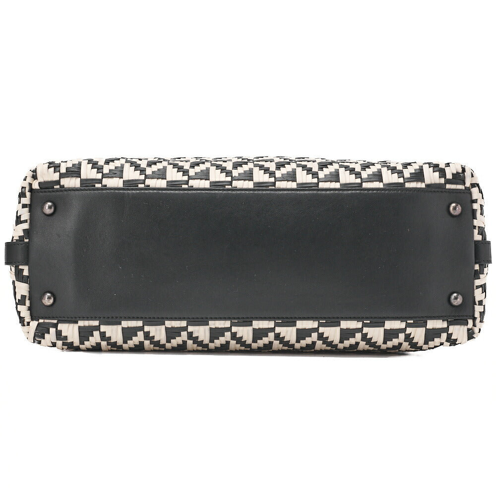 CHANEL Handbag Boston Bag Calfskin Matelasse Braided 2-Way White & Black Silver-Tone Hardware, Pre-Owned