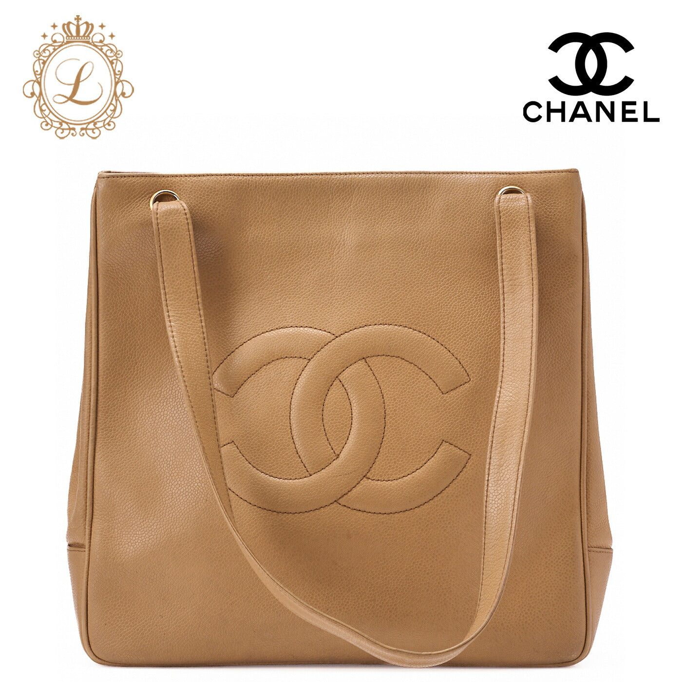 CHANEL Big Coco Mark Tote Bag Caviar Skin Beige Gold-Tone Hardware, Pre-Owned