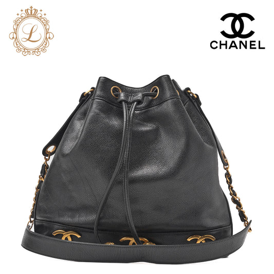 CHANEL Chain Shoulder Bag Caviar Skin Triple Coco Drawstring Purse Ball Charm Black Gold-Tone Hardware, Pre-Owned