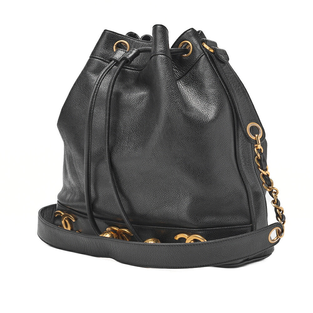 CHANEL Chain Shoulder Bag Caviar Skin Triple Coco Drawstring Purse Ball Charm Black Gold-Tone Hardware, Pre-Owned