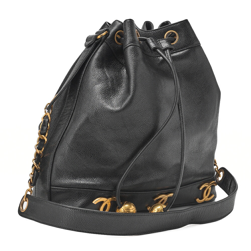 CHANEL Chain Shoulder Bag Caviar Skin Triple Coco Drawstring Purse Ball Charm Black Gold-Tone Hardware, Pre-Owned