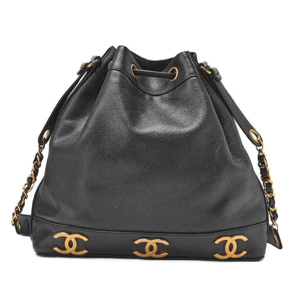 CHANEL Chain Shoulder Bag Caviar Skin Triple Coco Drawstring Purse Ball Charm Black Gold-Tone Hardware, Pre-Owned