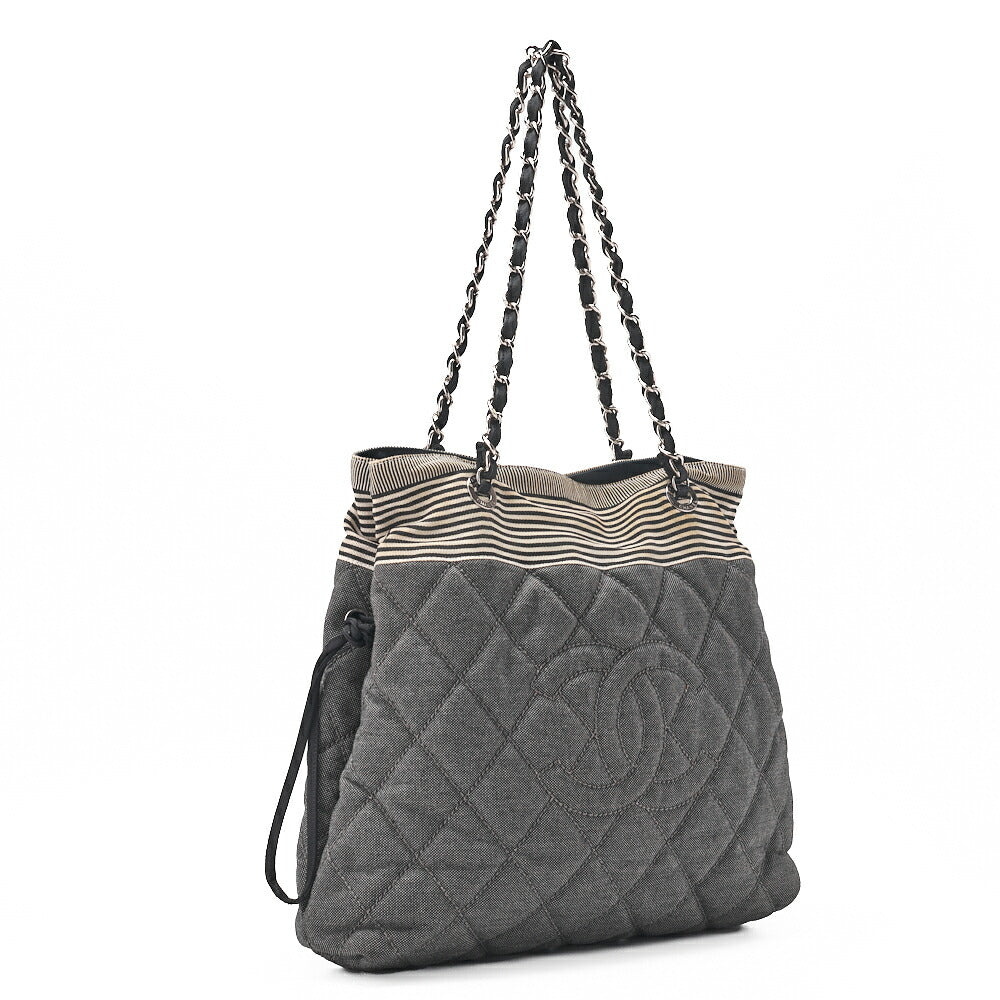 CHANEL Shoulder Bag Denim Coco Mark Gray Silver-Tone Hardware, Pre-Owned