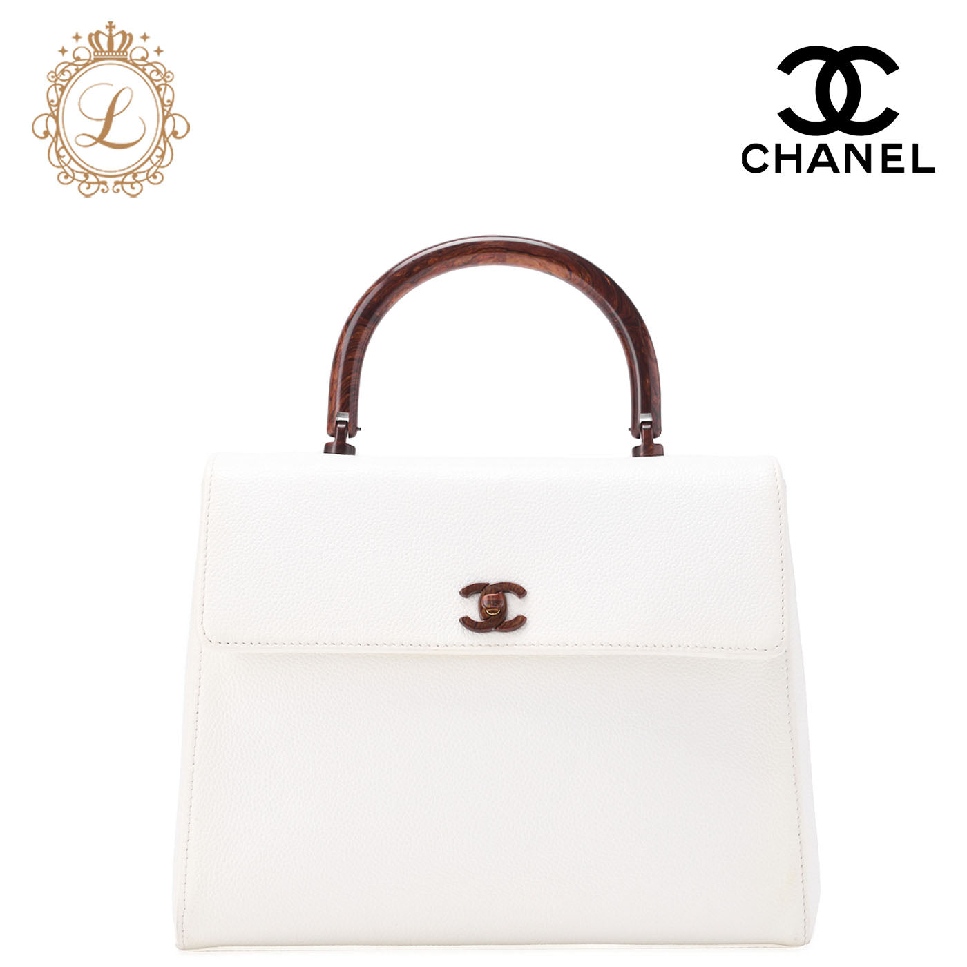 CHANEL Handbag Turnlock Kelly Shape Wood Pattern Caviar Skin White Gold-Tone Hardware, Pre-Owned
