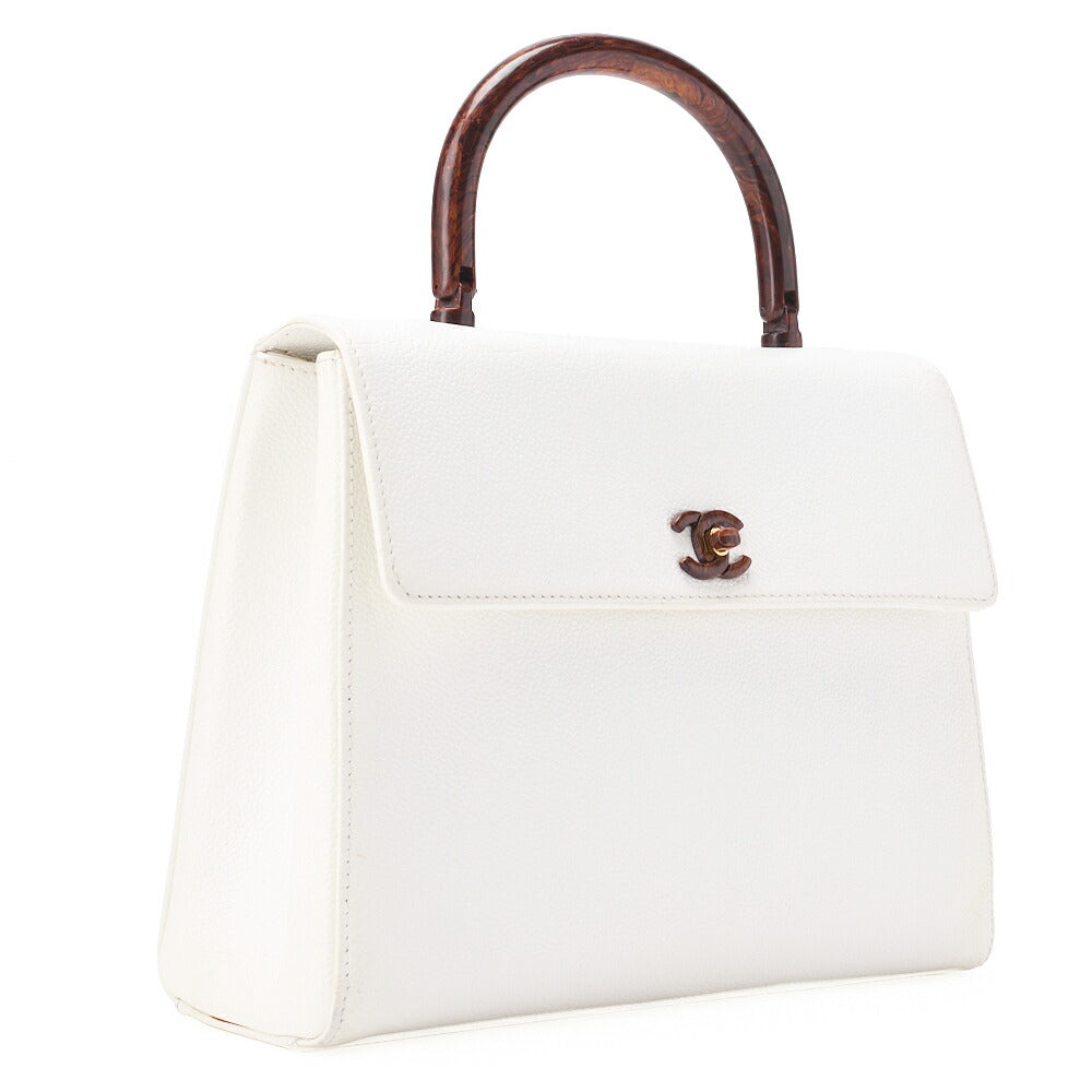 CHANEL Handbag Turnlock Kelly Shape Wood Pattern Caviar Skin White Gold-Tone Hardware, Pre-Owned