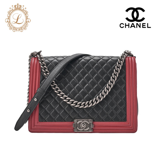 CHANEL Boy Chanel Matelasse Chain Shoulder Lambskin Black & Red Large Size Silver-Tone Hardware, Pre-Owned