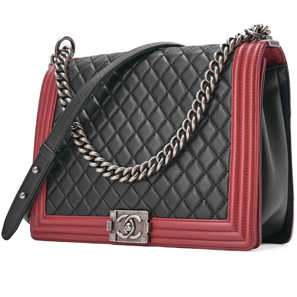 CHANEL Boy Chanel Matelasse Chain Shoulder Lambskin Black & Red Large Size Silver-Tone Hardware, Pre-Owned